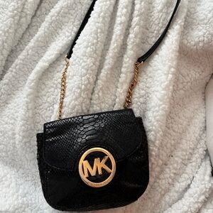 Michael Kors Black Snake-Embossed bag with Gold MK Emblem
